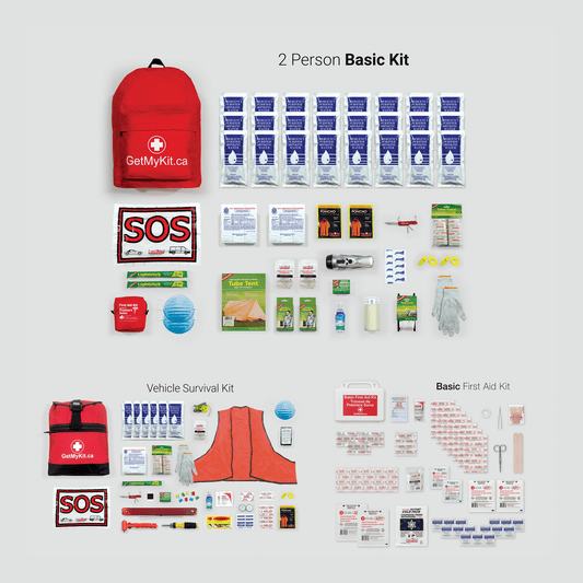 All the contents of a basic emergency survival kit for two people and of our vehicle survival kit, as well as the basic first aid kit