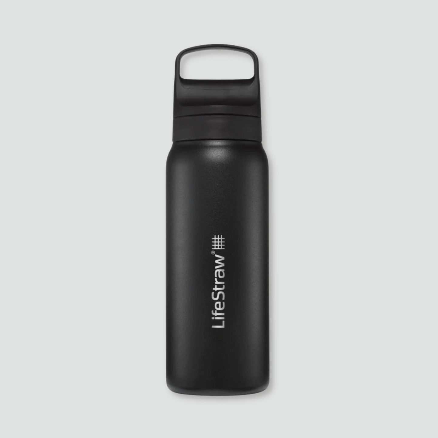 Black stainless steel water bottle with LifeStraw filter