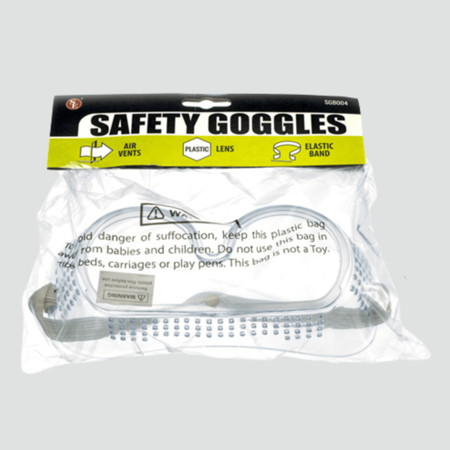 Plastic clear, safety goggles in their package.