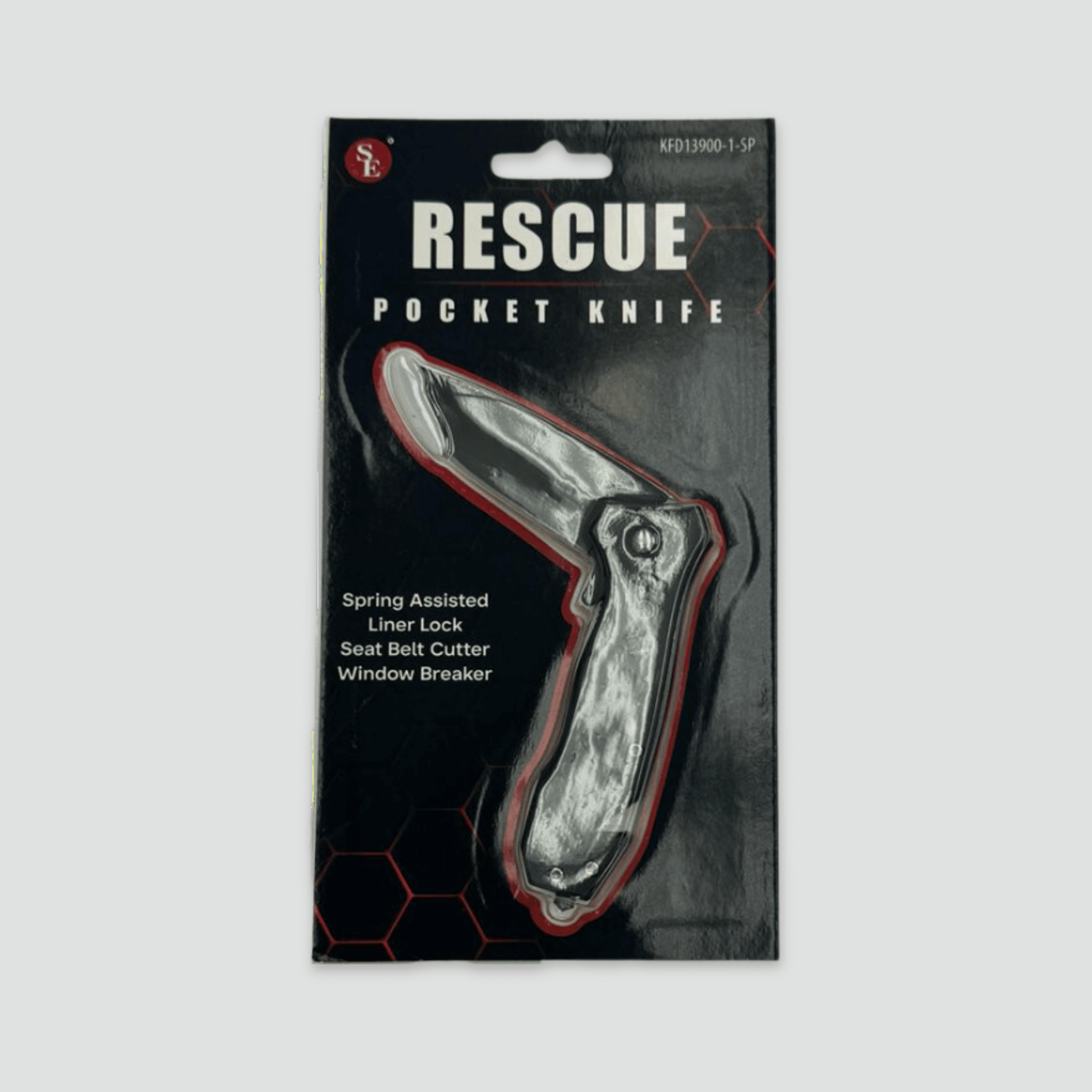 Rescue Pocket Knife complete with window breaker and seatbelt cutter in package. 