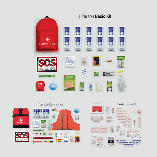 All the contents of a basic emergency survival kit for one person and of our vehicle survival kit, as well as the basic first aid kit