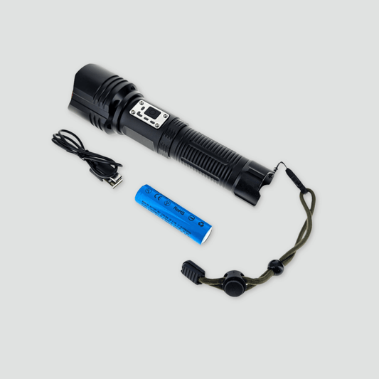 3000 Lumen Tactical Flashlight with rechargeable battery and charging cord