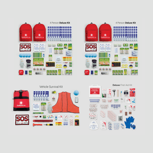 All the contents of a emergency survival kit for eight people and of our vehicle survival kit, as well as the deluxe first aid kit