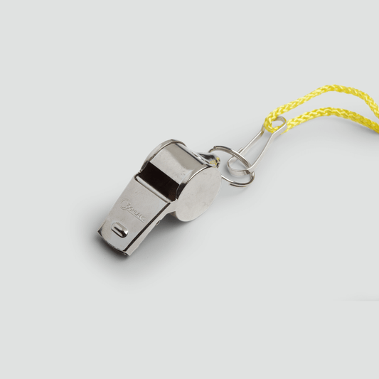 A metal whistle with yellow lanyard strap