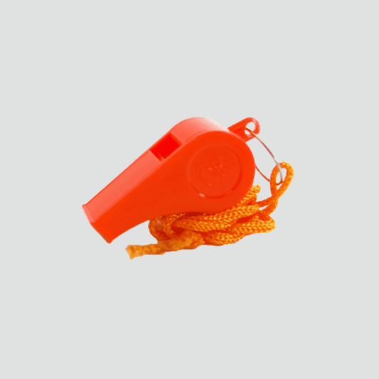 An orange plastic whistle with lanyard.