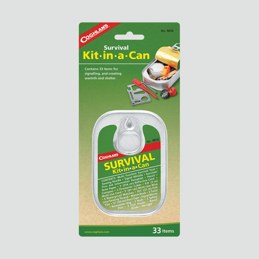 33 item Survival Kit in a Can Package for outdoor use.