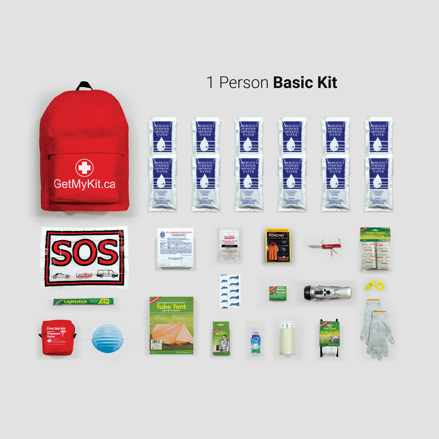 A one person basic emergency kit and its contents.