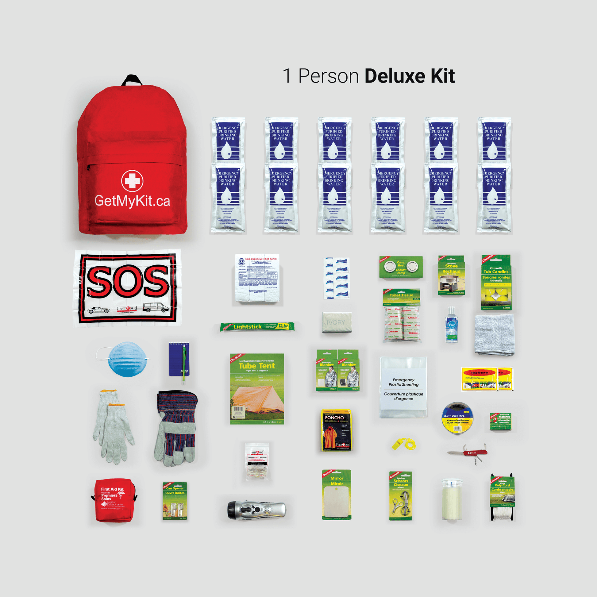 A one person deluxe emergency kit and its contents.
