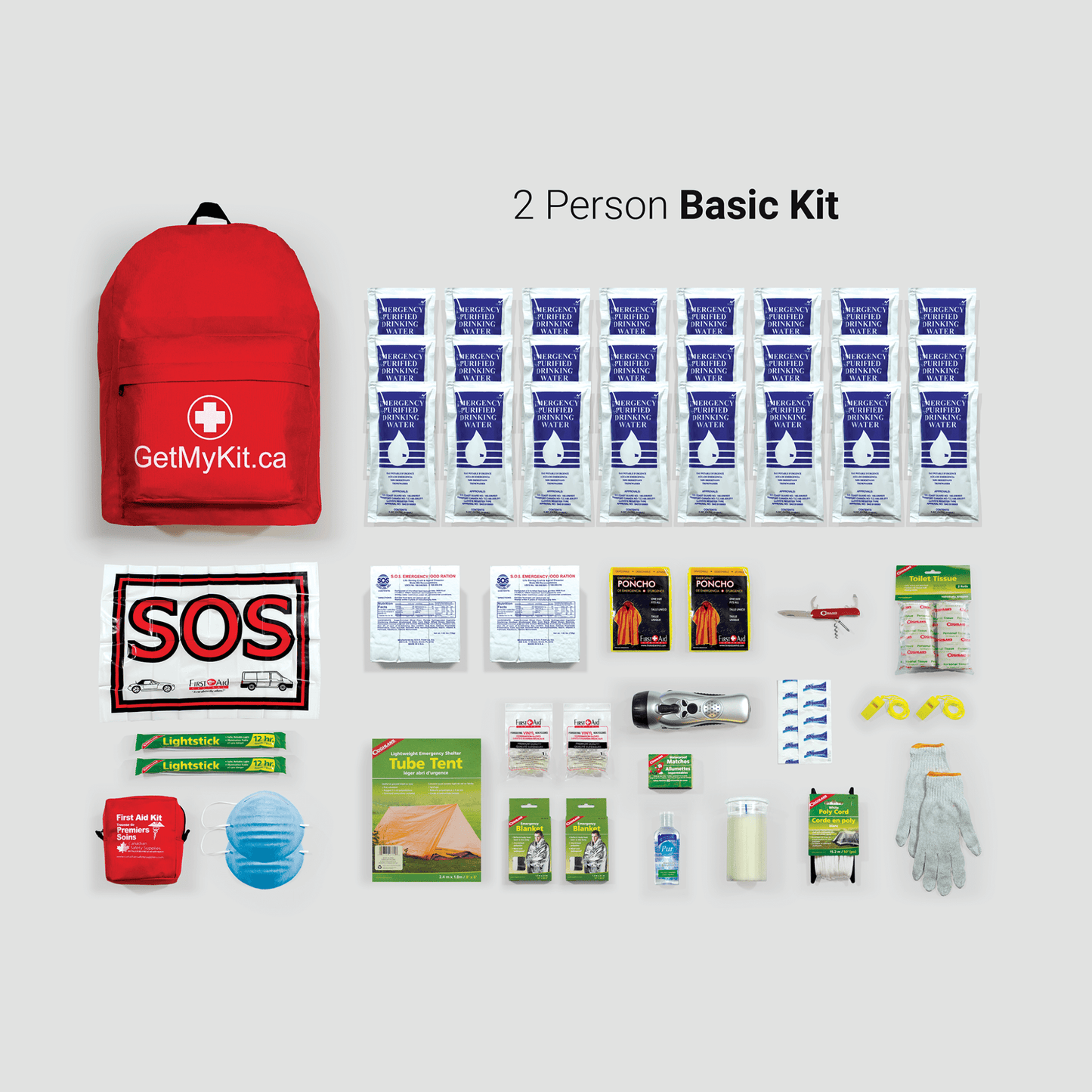 A two person basic emergency kit and its contents.