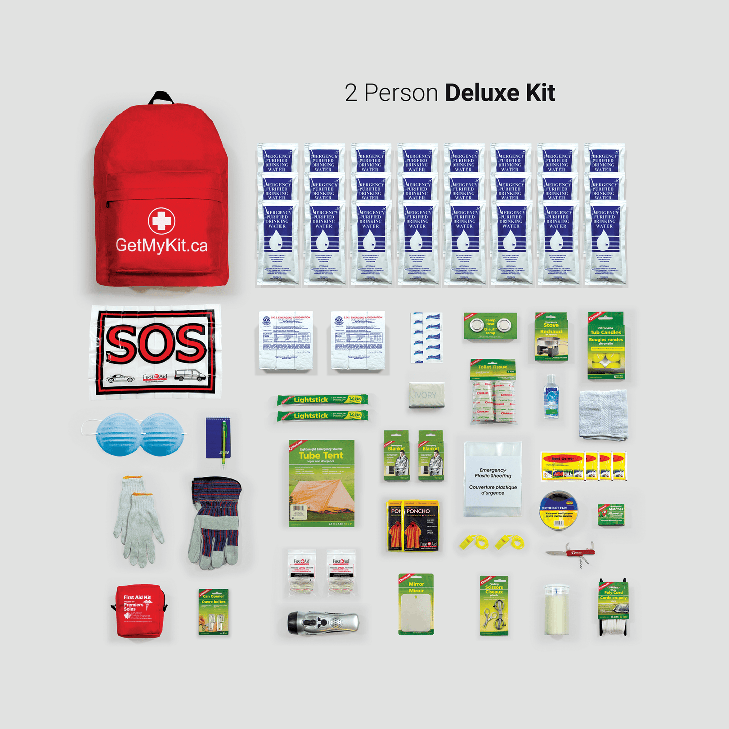 A two person deluxe emergency kit and its contents.
