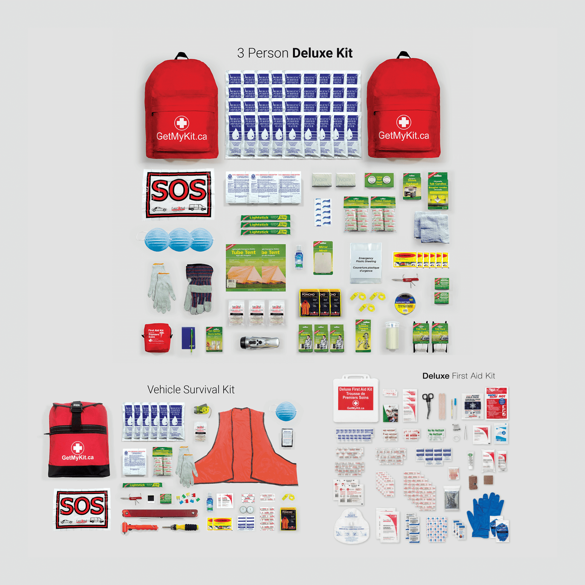 Three person deluxe emergency supply value pack. Contains earthquake kit, first aid kit, and vehicle survival kit
