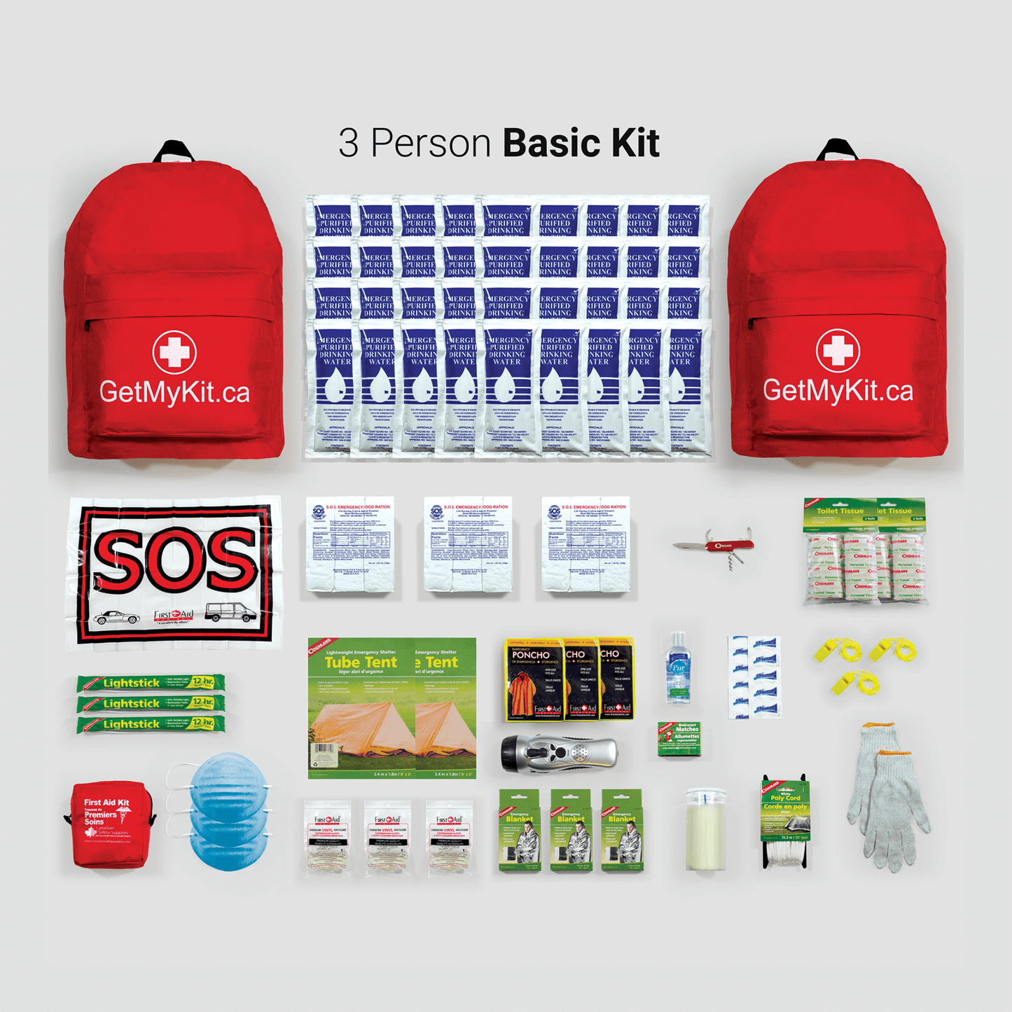 A three person basic emergency kit and its contents.