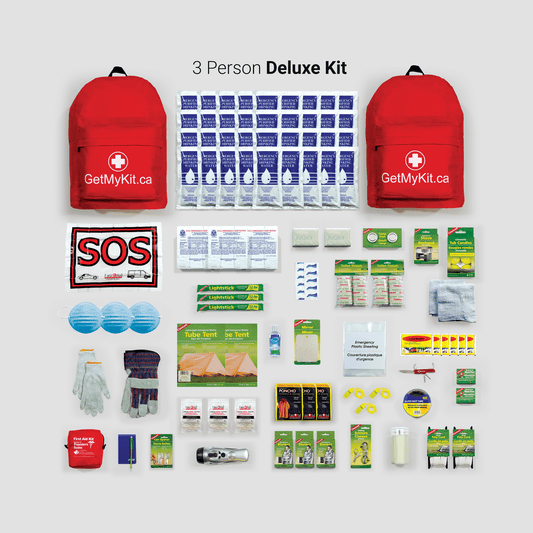 A three person deluxe emergency kit and its contents.