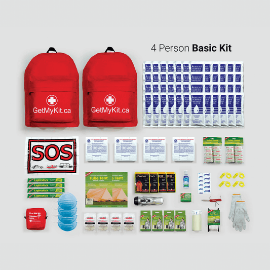 A four person basic emergency kit and its contents.