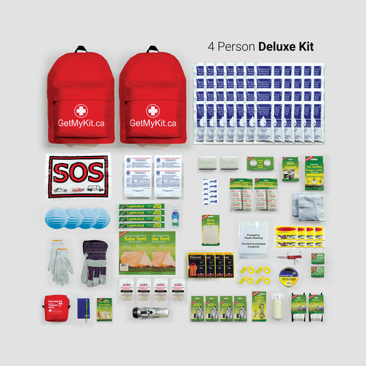 A four person deluxe emergency kit and its contents.