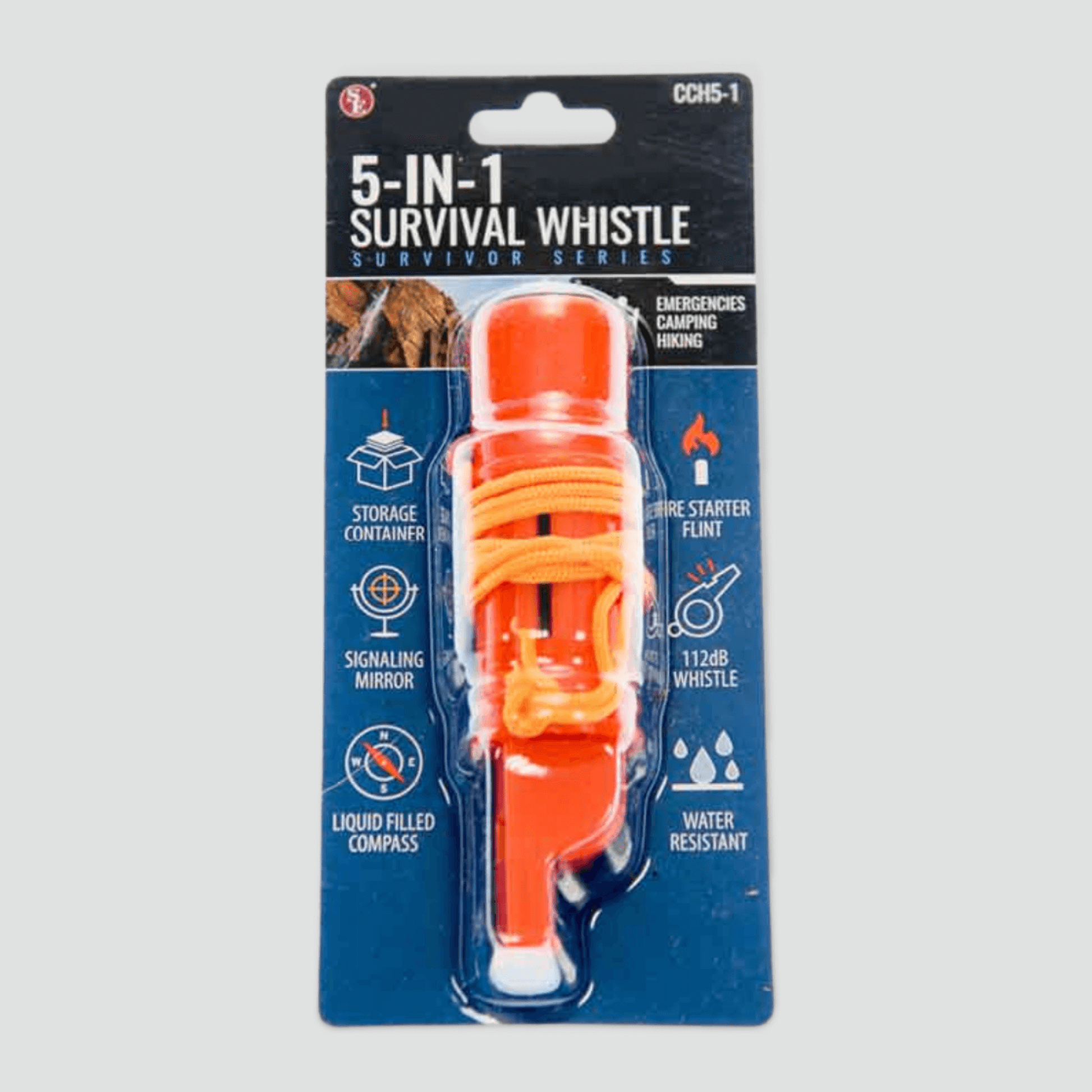 Five in one survival whistle with neck strap