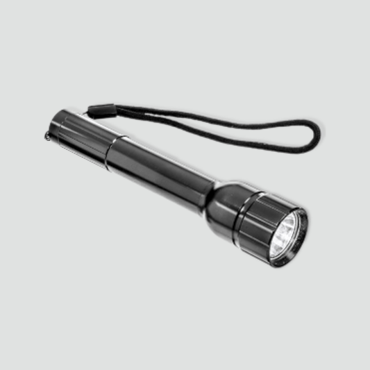 Black aluminum flashlight with handy wrist strap