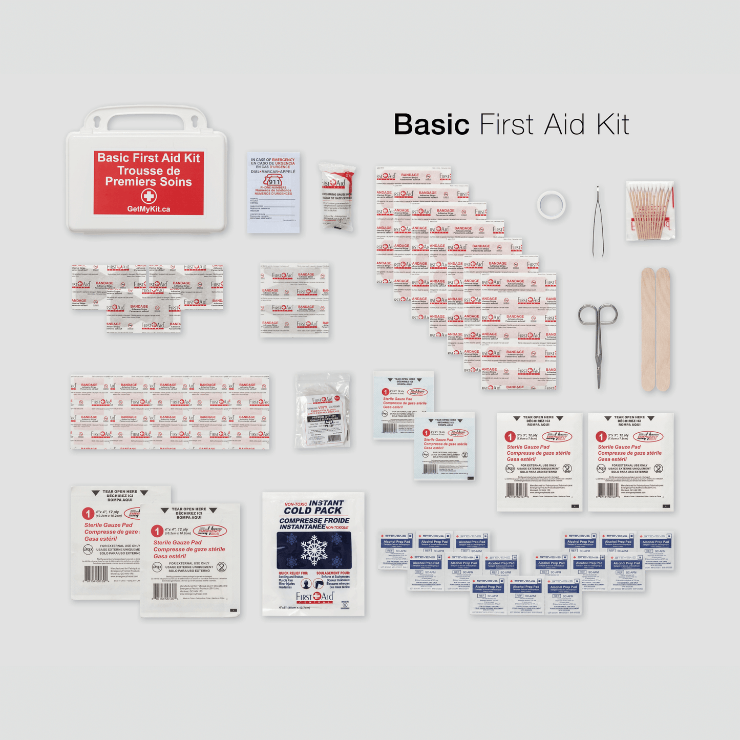 Basic first aid kit supplies in a plastic case.