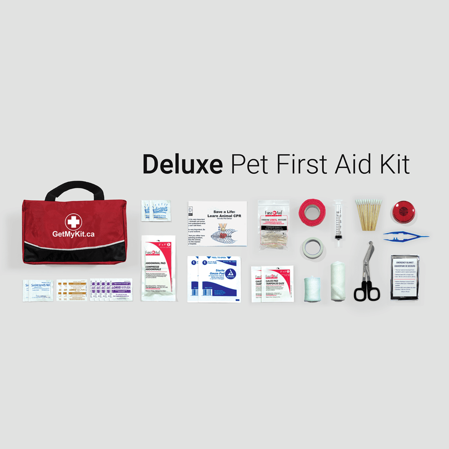Bag of deluxe pet first aid supplies.