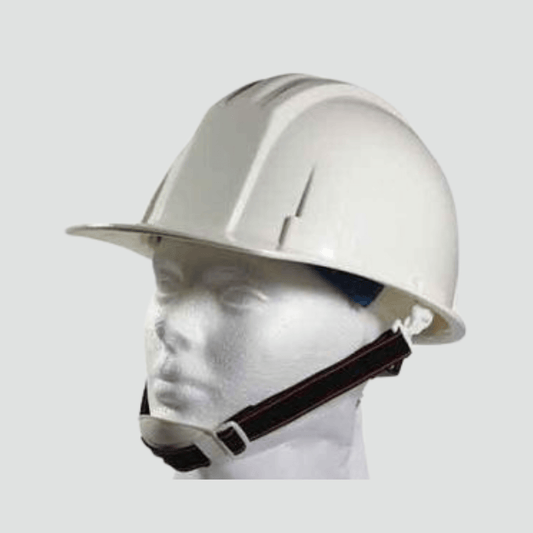White workplace safety hardhat with chin strap